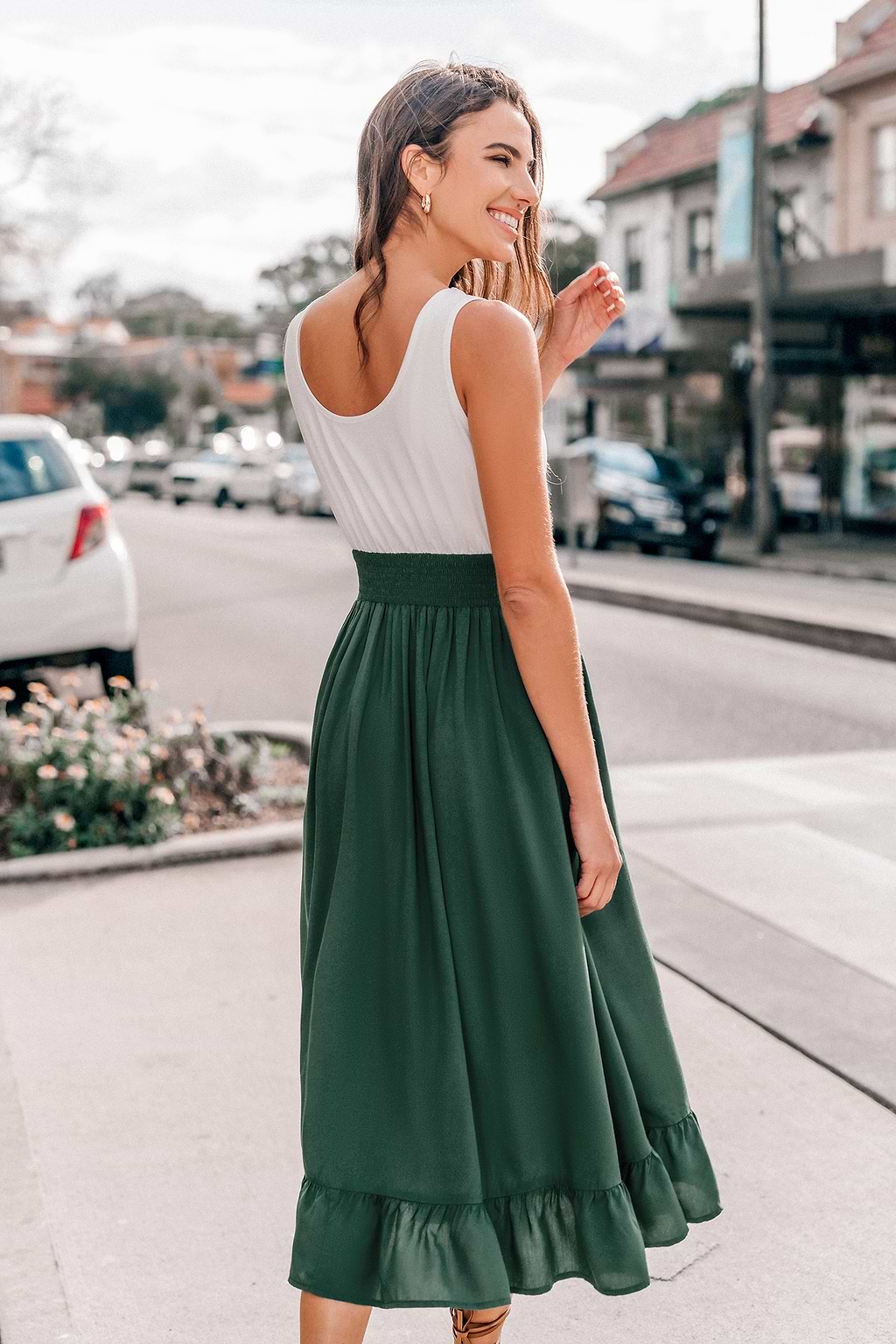 White Scoop Tank & Green Flounce Skirt Midi Dress