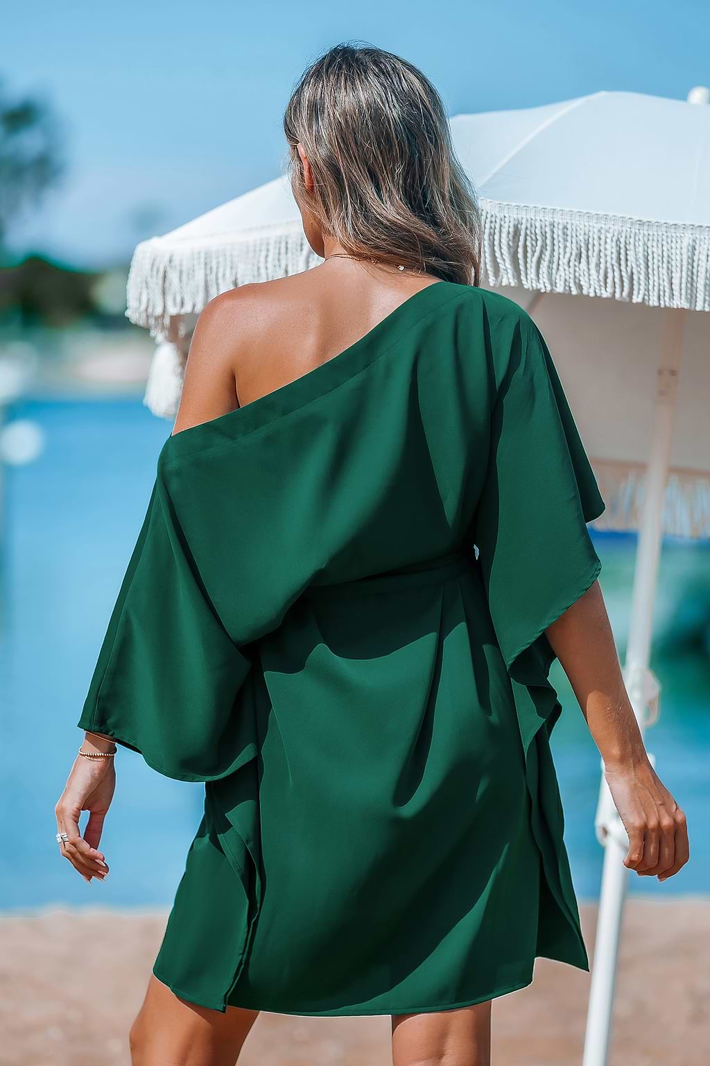 Green Off-Shoulder Dolman Sleeve Mini Dress