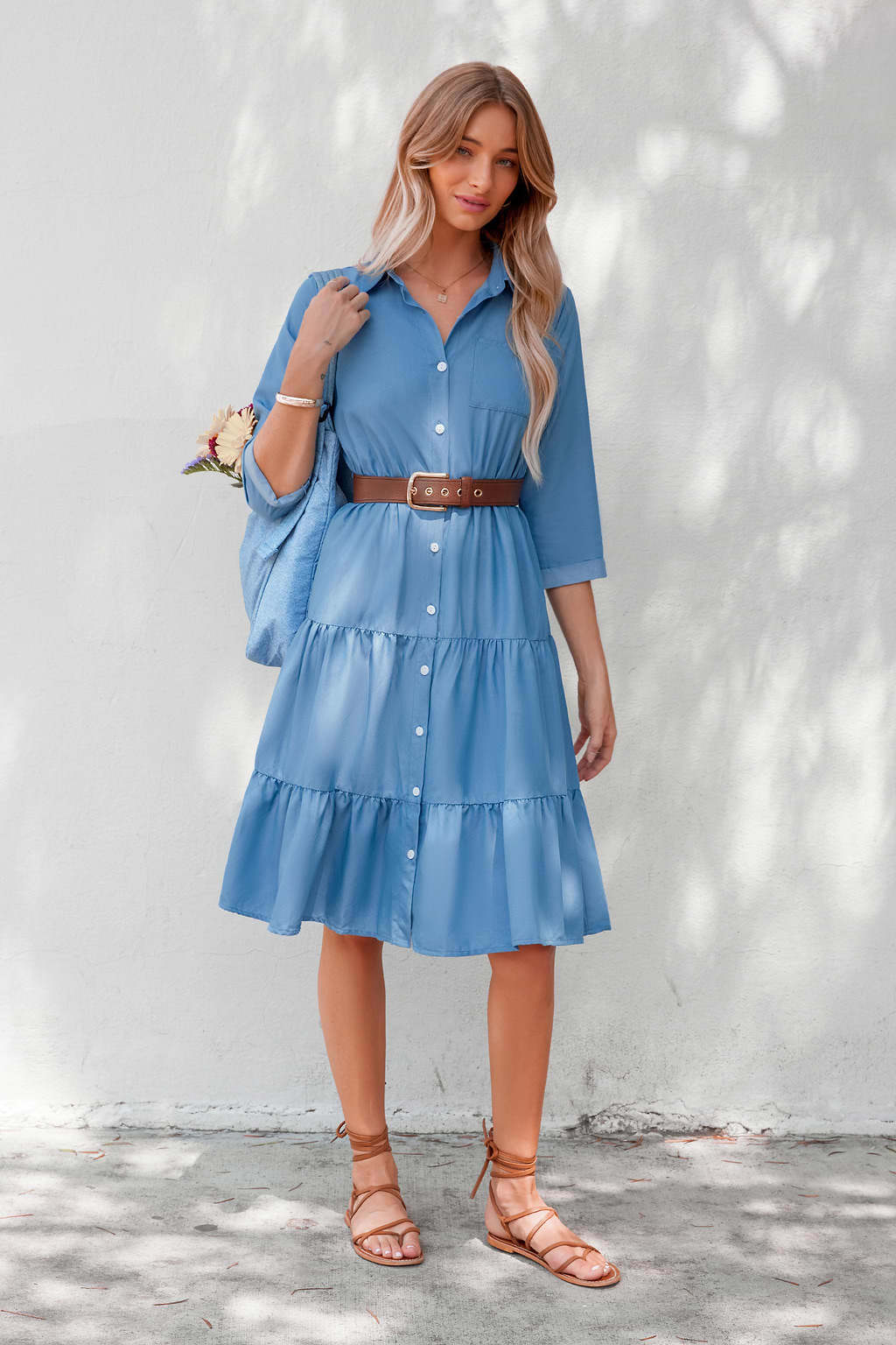 Blue Collared Front Button Half Sleeve Midi Dress