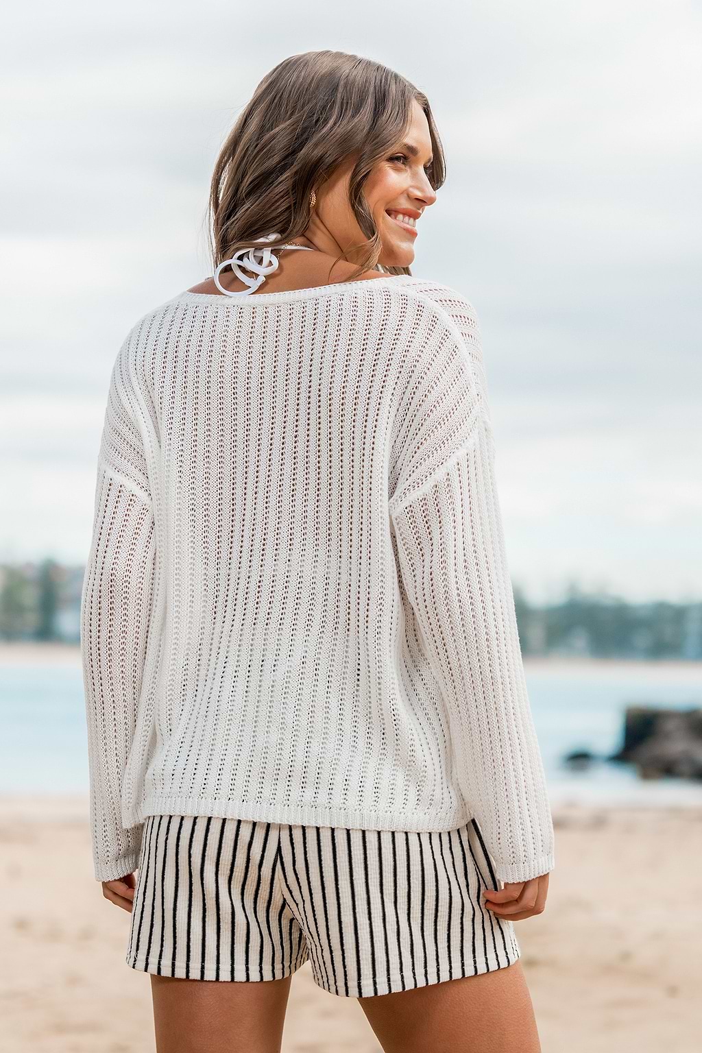 White V-Neck Long Sleeve Sweater
