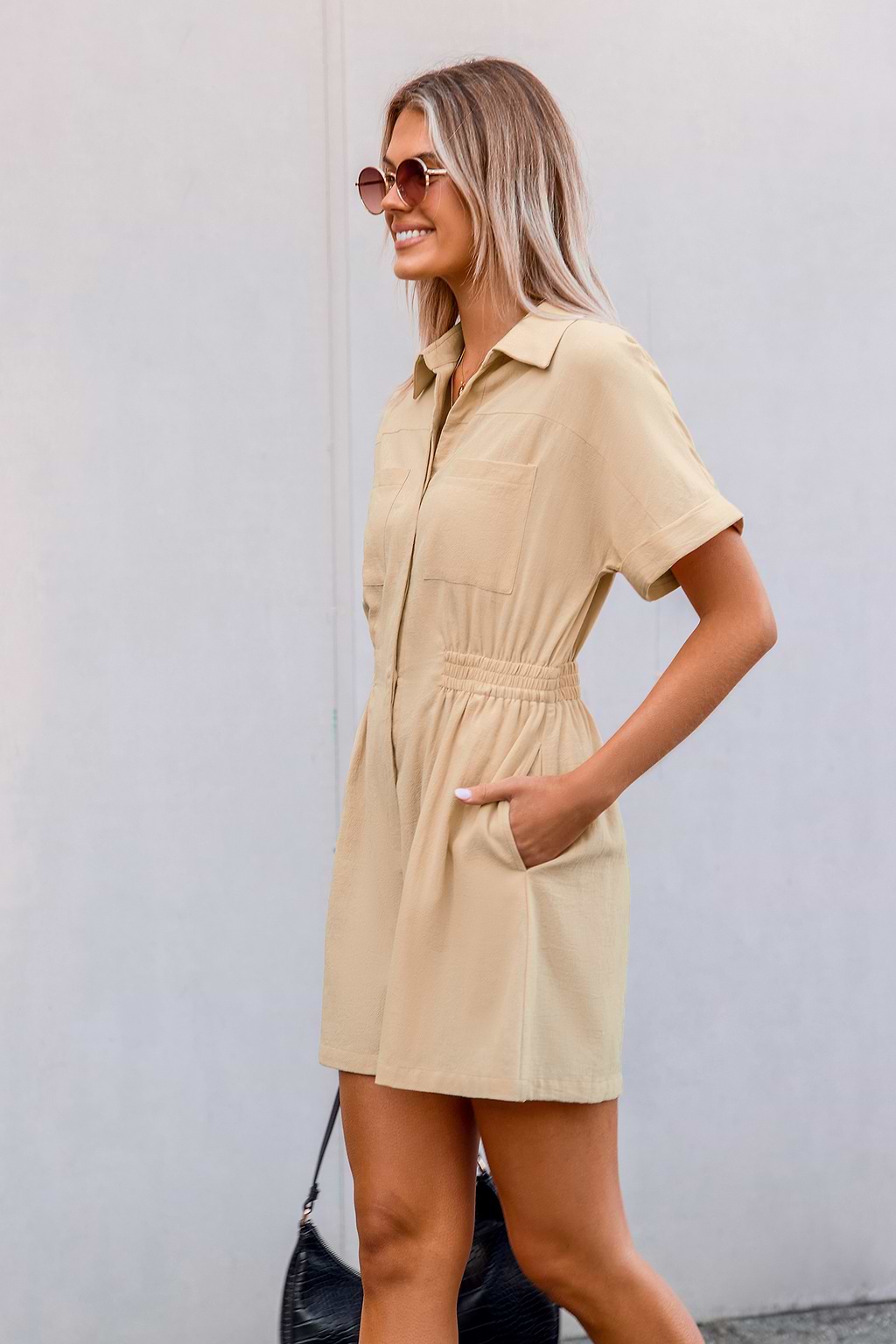 Khaki Collared Wide Leg Romper