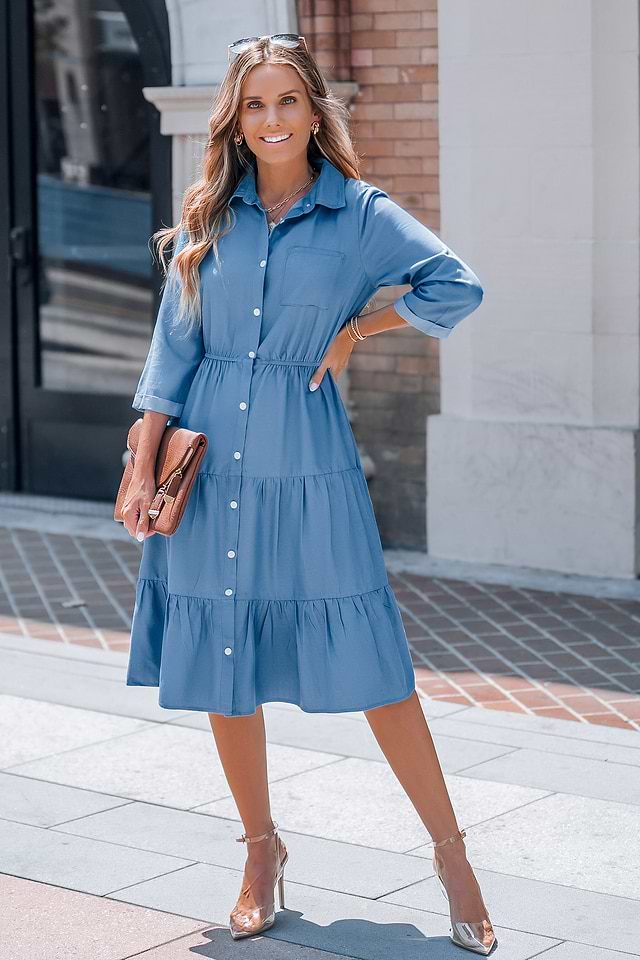 Blue Collared Front Button Half Sleeve Midi Dress