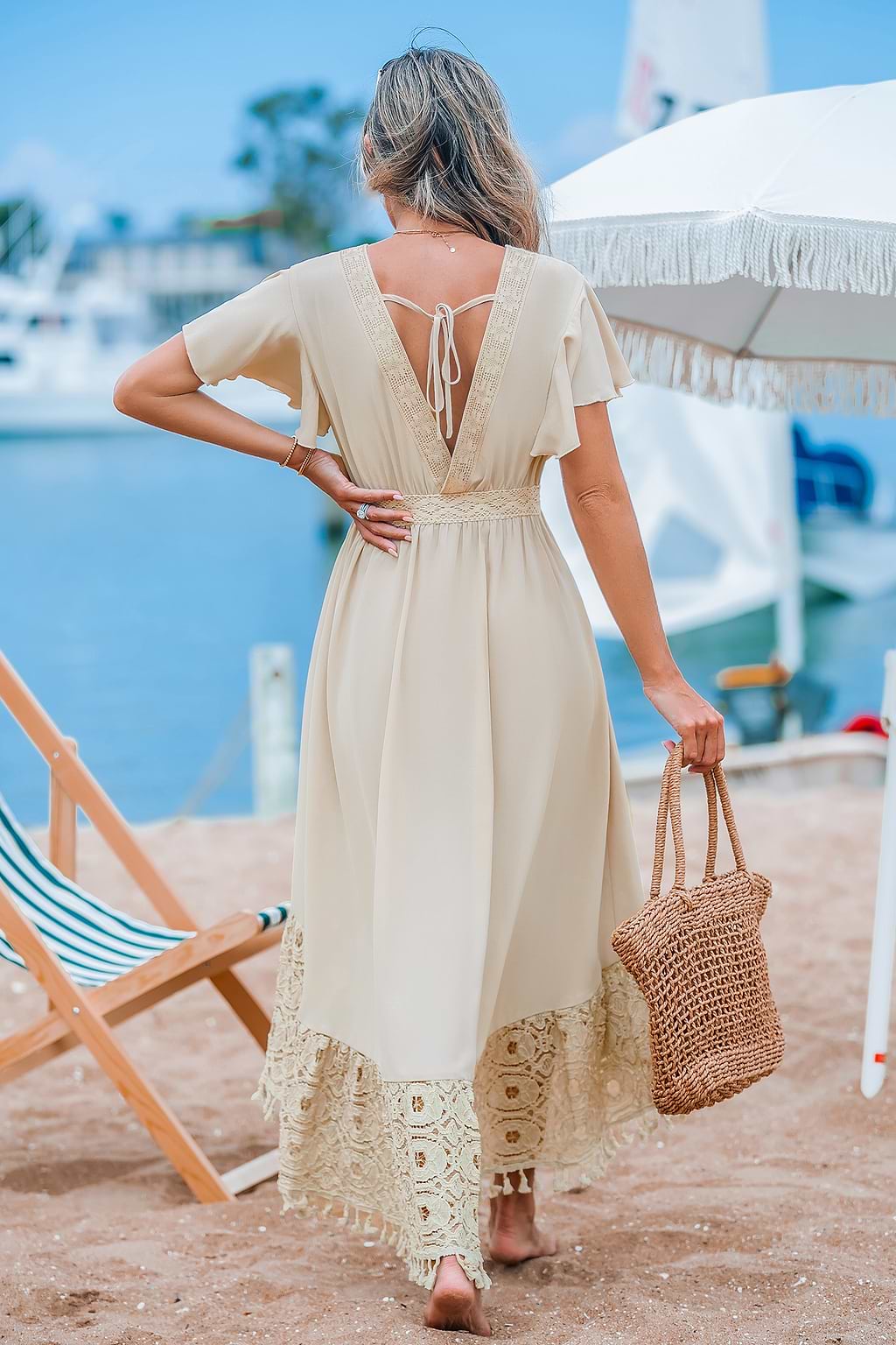 Neutral V-Neck Ruffled Sleeve Lace Hem Midi Dress