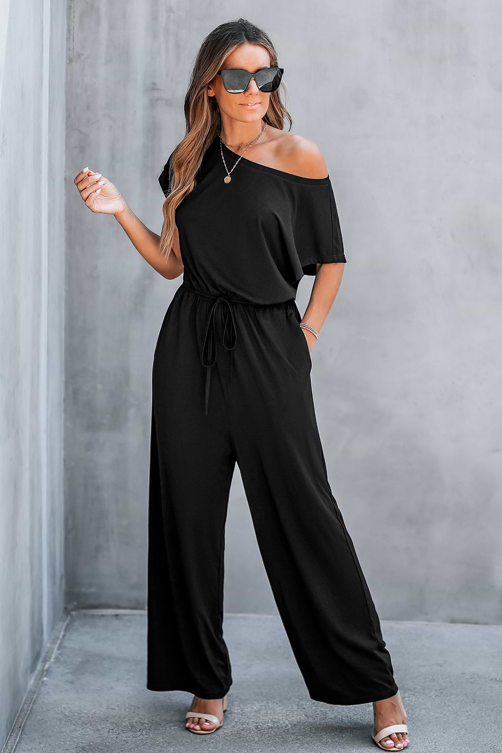 Black Off-Shoulder Straight Leg Jersey Jumpsuit