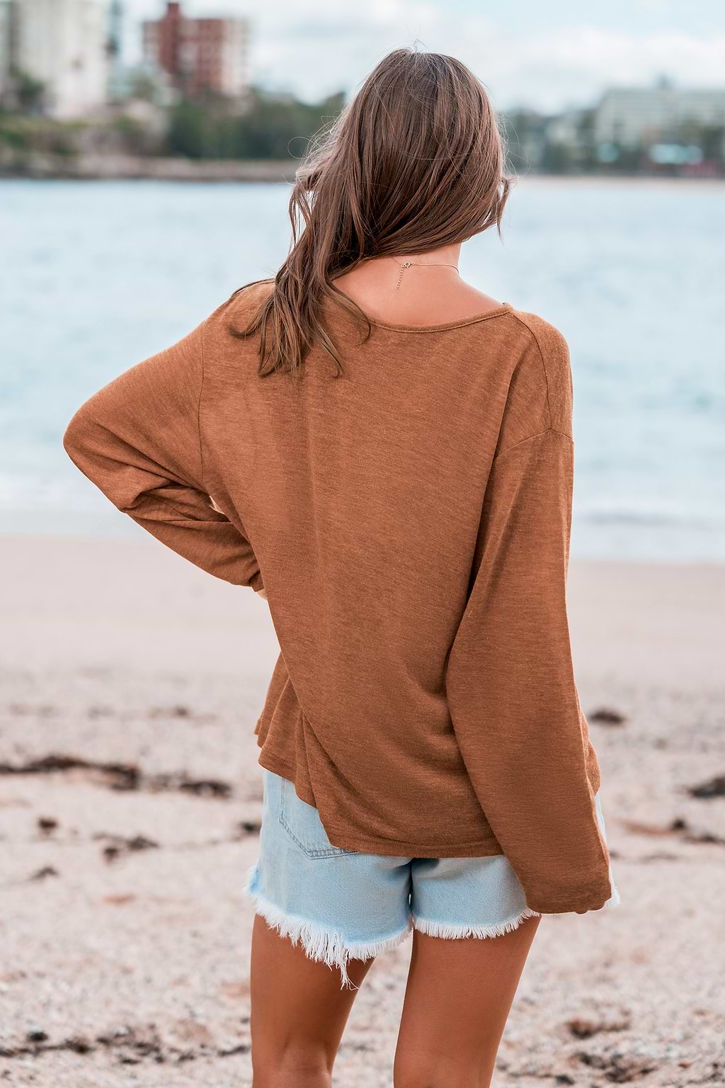 Brown Long Sleeve Jersey Cover-Up Tee
