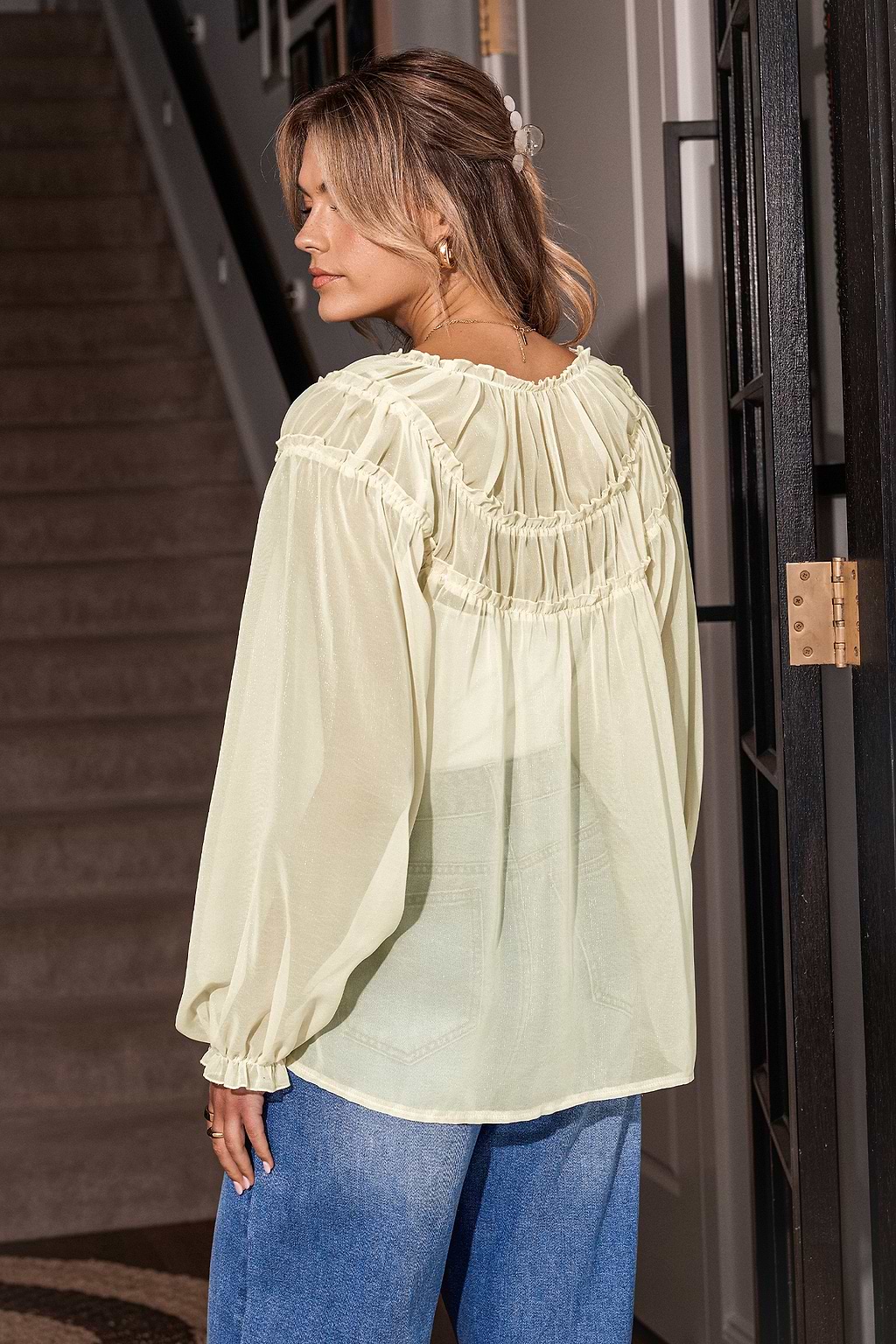 Sheer Beige Split Neck Ruffled Blouse