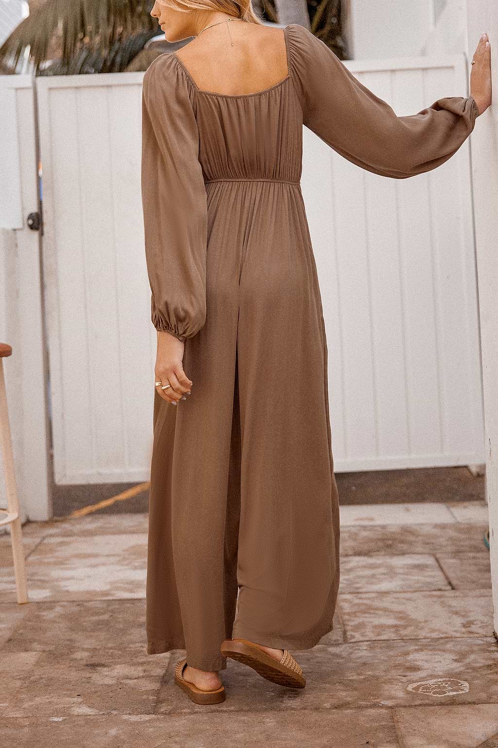 Brown Square Neck Blouson Sleeve Wide Leg Jumpsuit