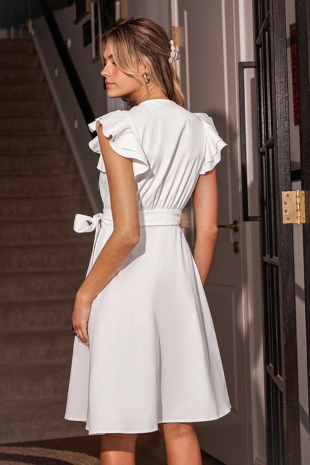 White Tiered Flutter Sleeve Wrap Midi Dress
