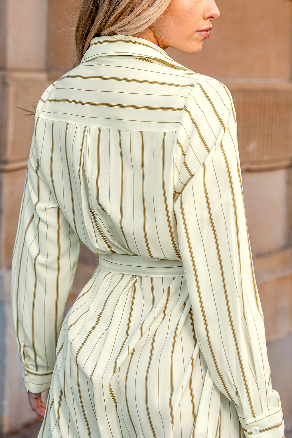 Yellow Striped Collared Long Sleeve Midi Dress