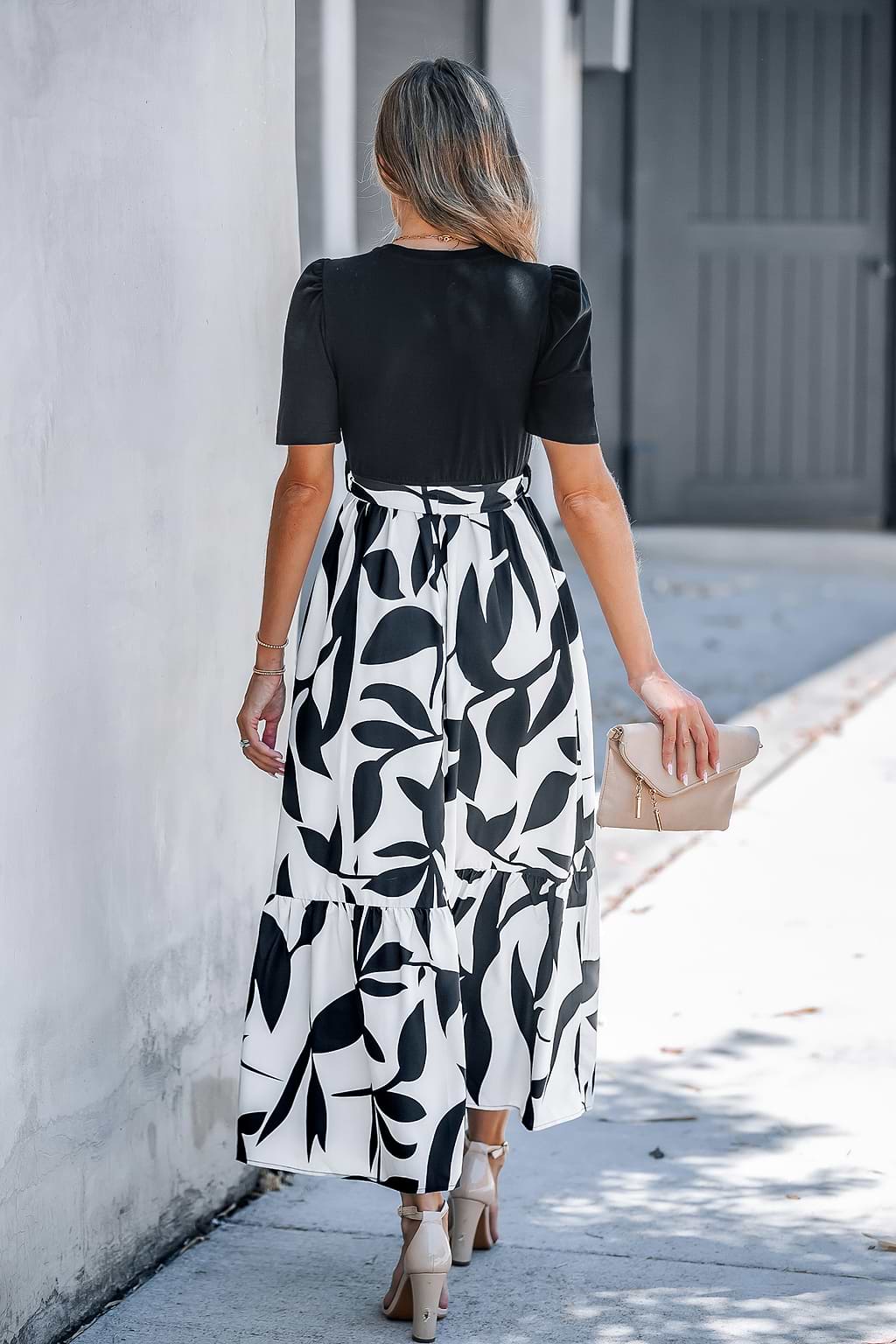 Black Half Sleeve Top Floral Skirt Midi Dress