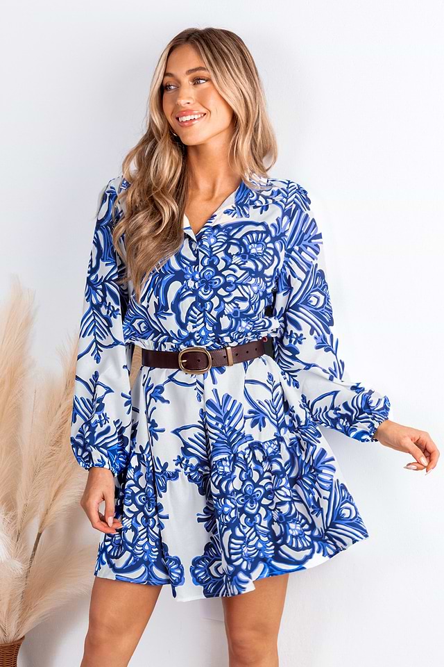 blue and white abstract dress Blue & White Abstract Collared Blouson Sleeve Mini Dress