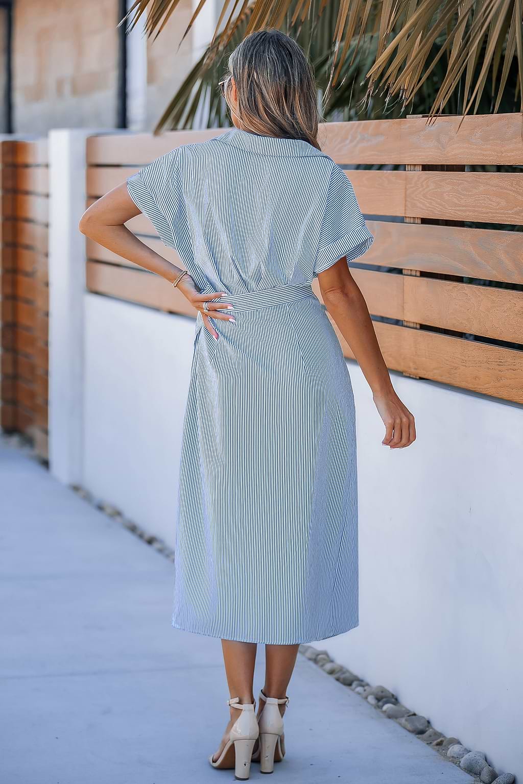 Blue Pin Stripe Collared Wrap Midi Dress