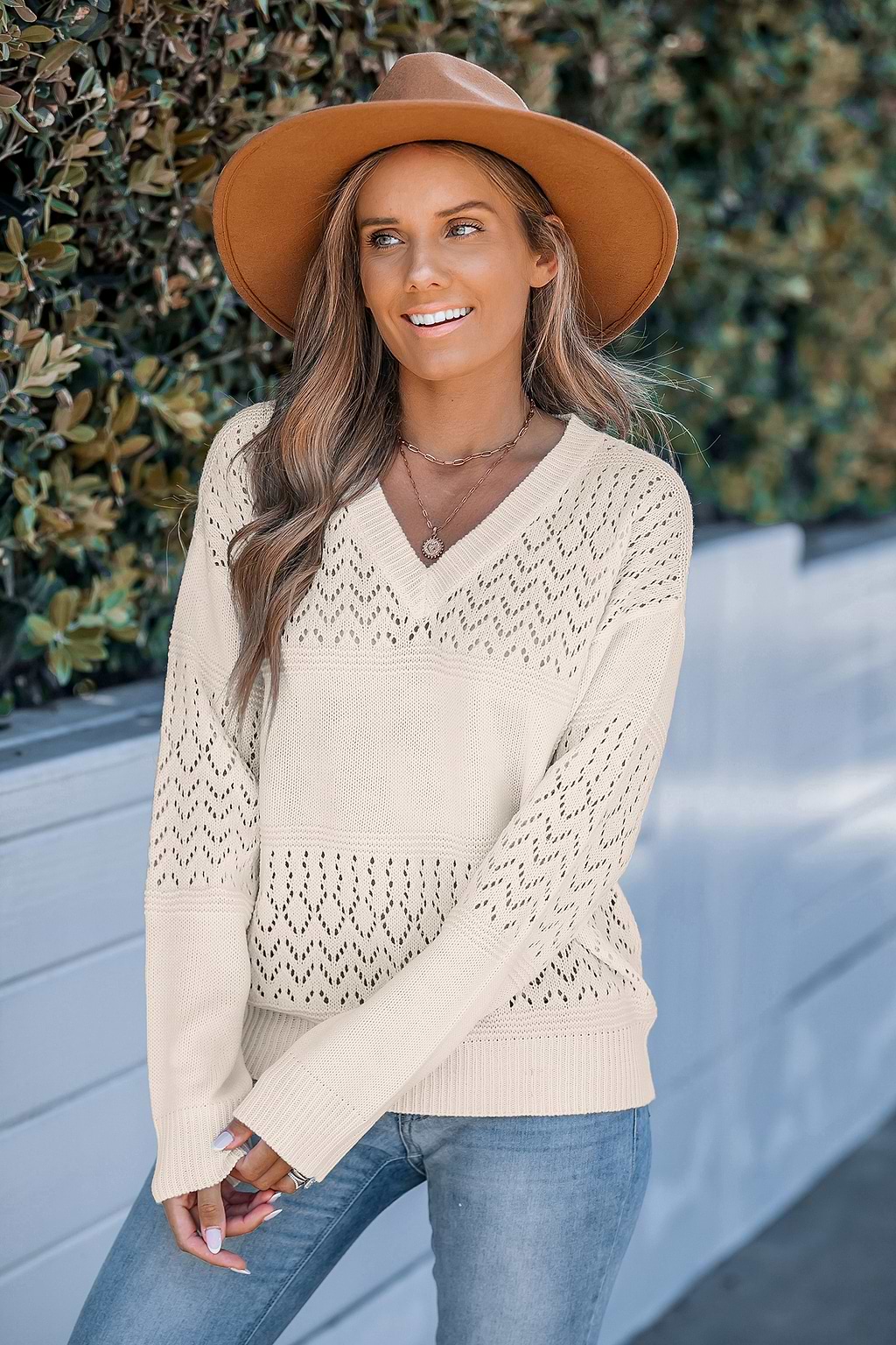V-Neck Long Sleeve Perforated Knit Sweater