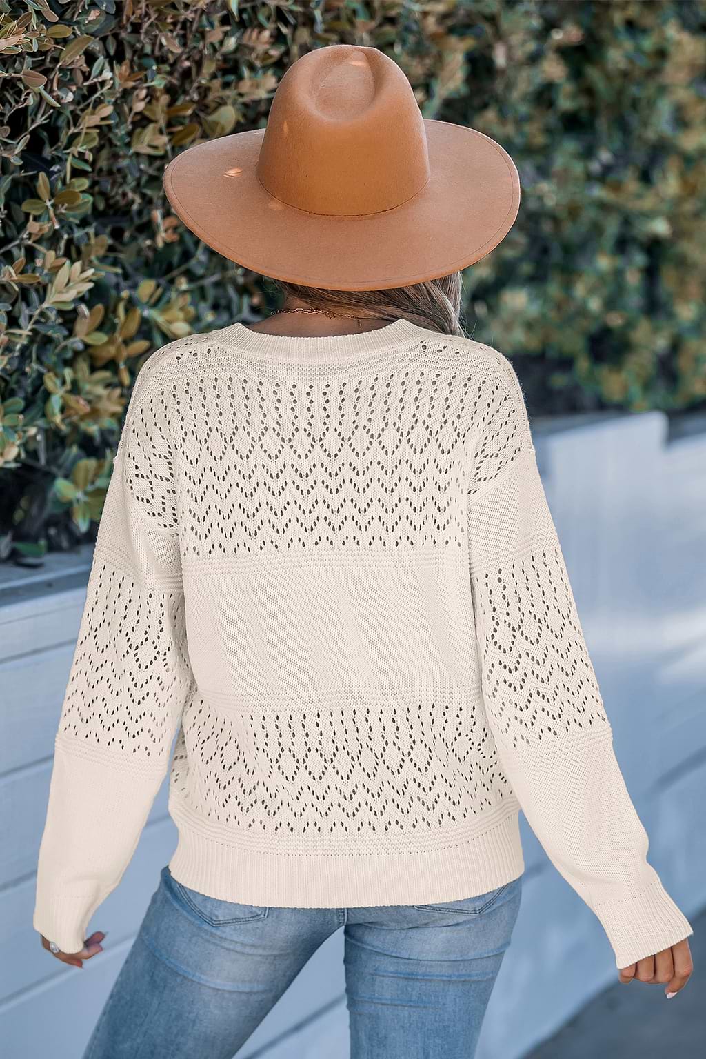 V-Neck Long Sleeve Perforated Knit Sweater
