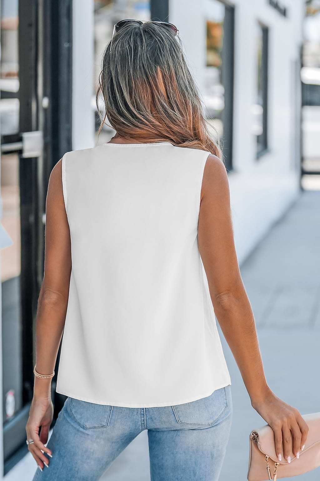 White Paneled V-Neck Sleeveless Top