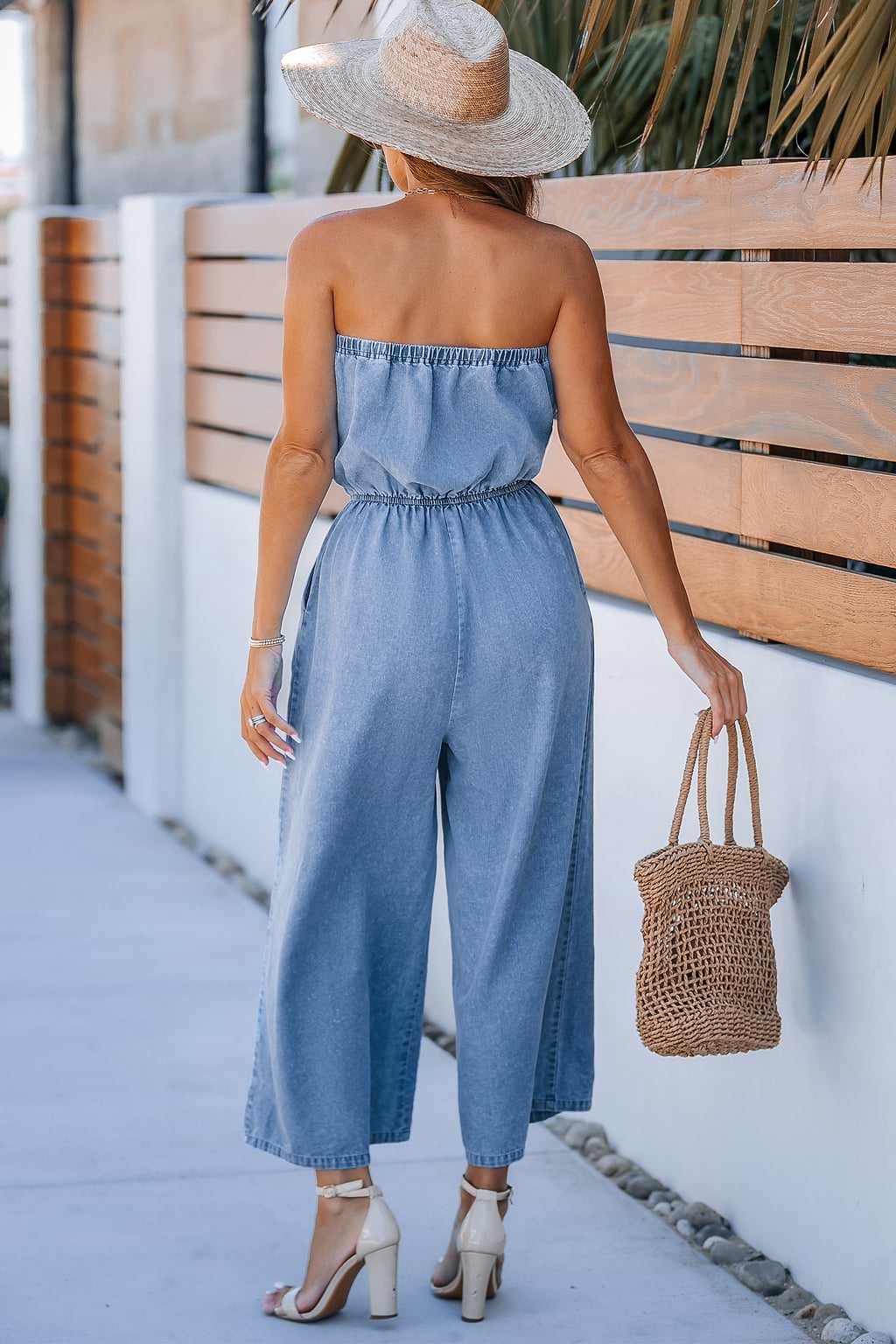 Denim Tube Top Straight Leg Jumpsuit
