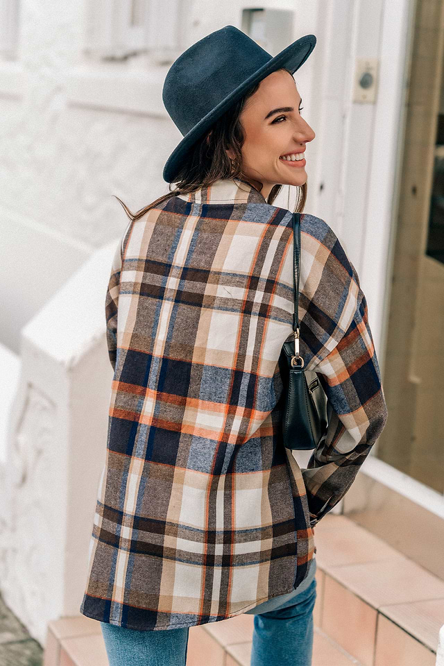 Chemises À Carreaux en Molleton Pour Femmes À Manches Longues À Carreaux Boutonné Tunique Chemisier Décontracté Shacket Haut Surdimensionné Manteau Ample Vêtements D'extérieur Épais ( Color : Blue , S