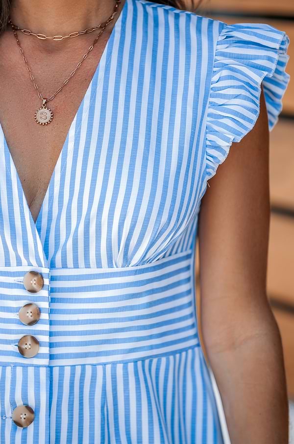 Blue Striped V-Neck Flutter Sleeve Mini Dress