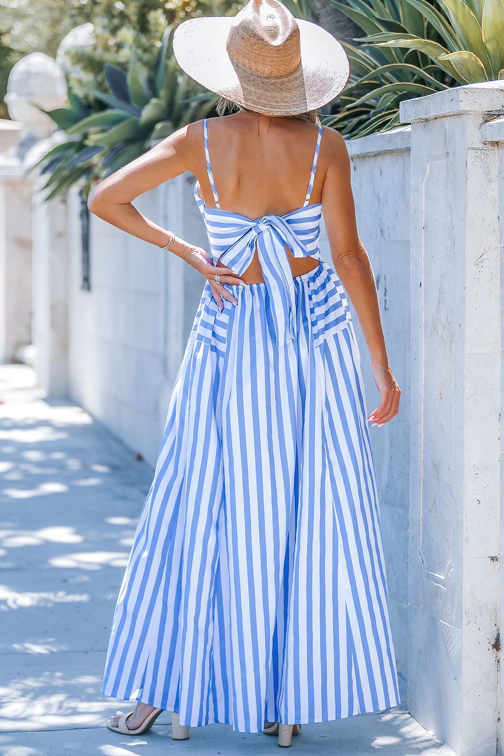 Blue Striped Sweetheart Twist & Keyhole Maxi Dress