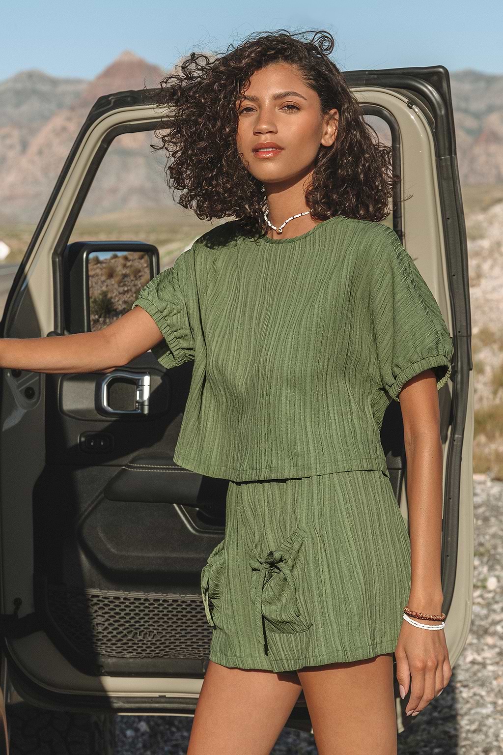 Olive Short Sleeve Top & Wide Leg Shorts Set