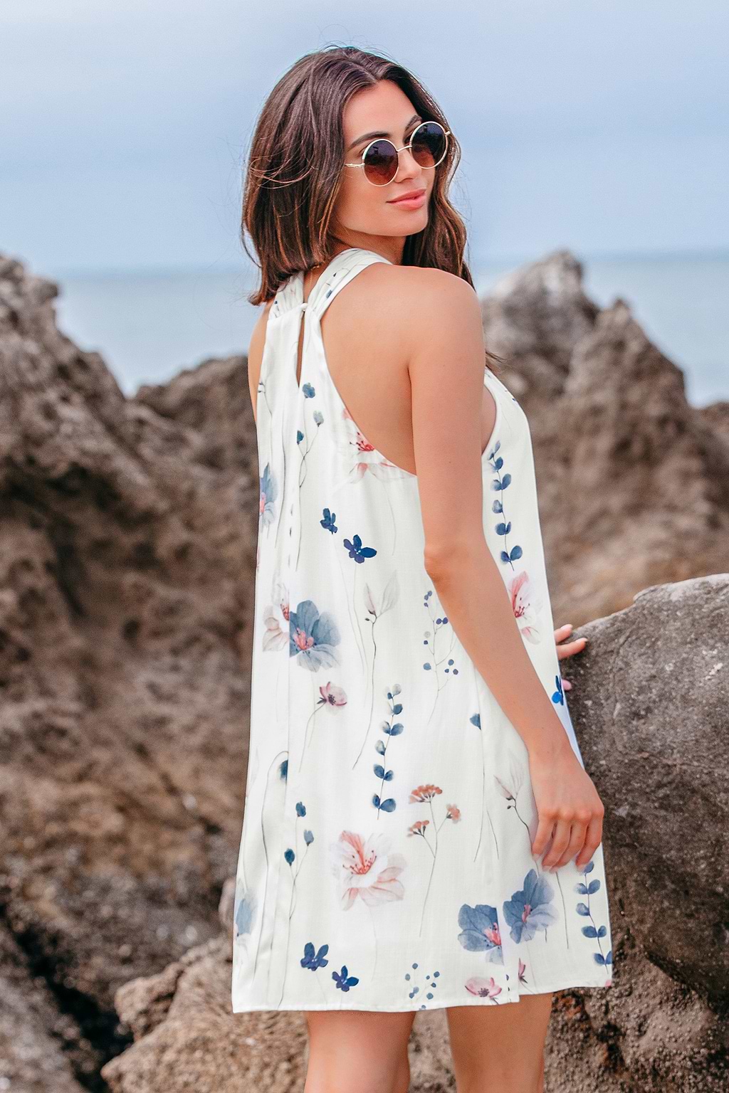 Romantic Floral Crossover Halterneck Mini Dress