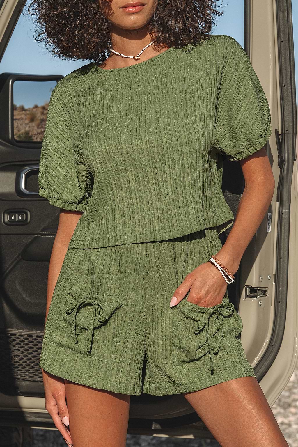 Olive Short Sleeve Top & Wide Leg Shorts Set