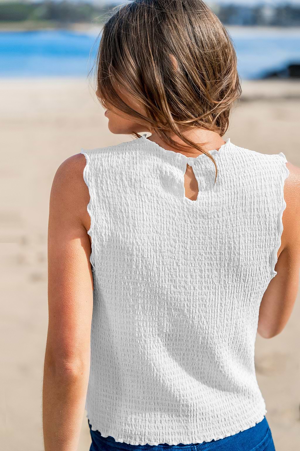 White Ruffled Neck Sleeveless Top