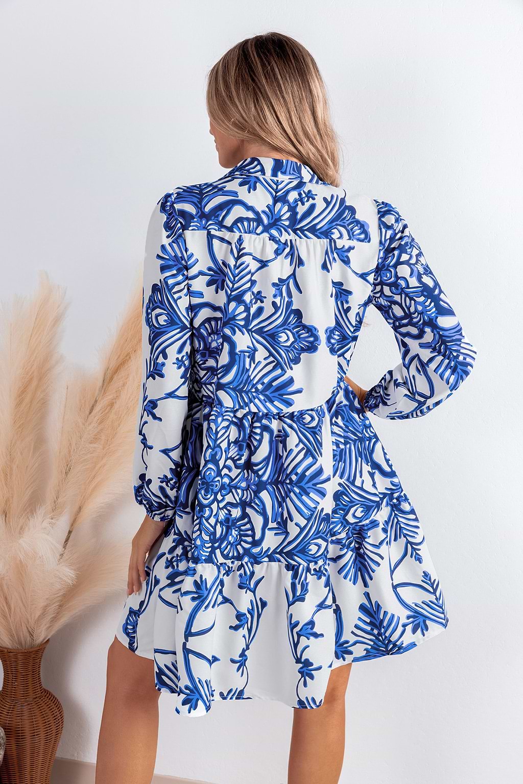 Blue & White Abstract Collared Blouson Sleeve Mini Dress