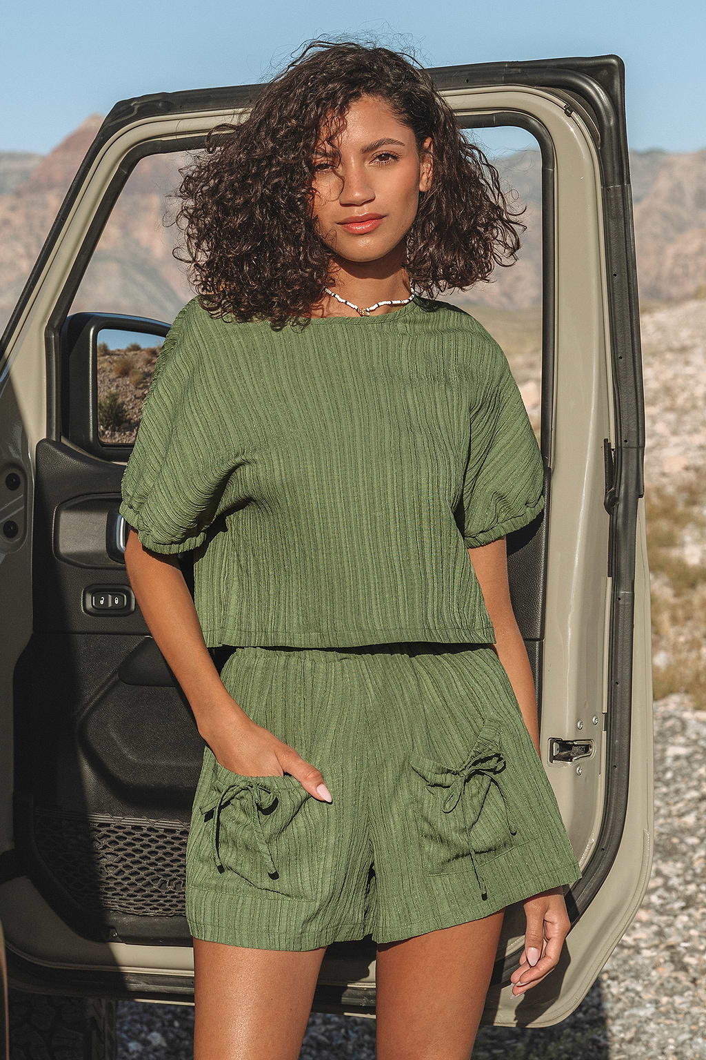 Olive Short Sleeve Top & Wide Leg Shorts Set