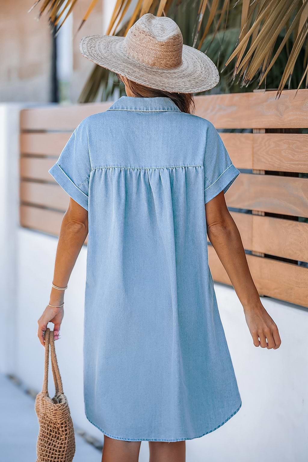Denim Collared Short Sleeve Front Button Mini Shirt Dress