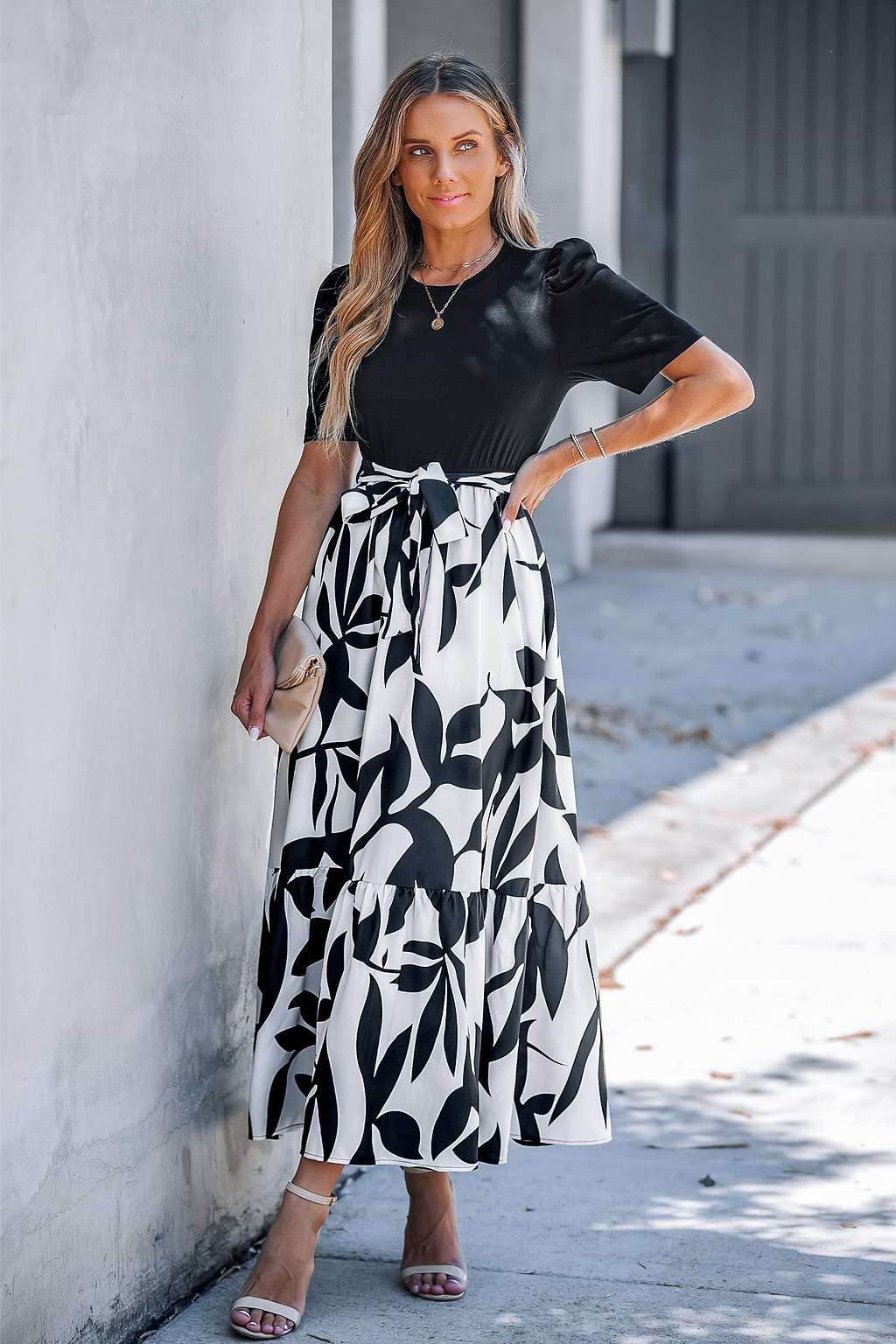 Black Half Sleeve Top Floral Skirt Midi Dress
