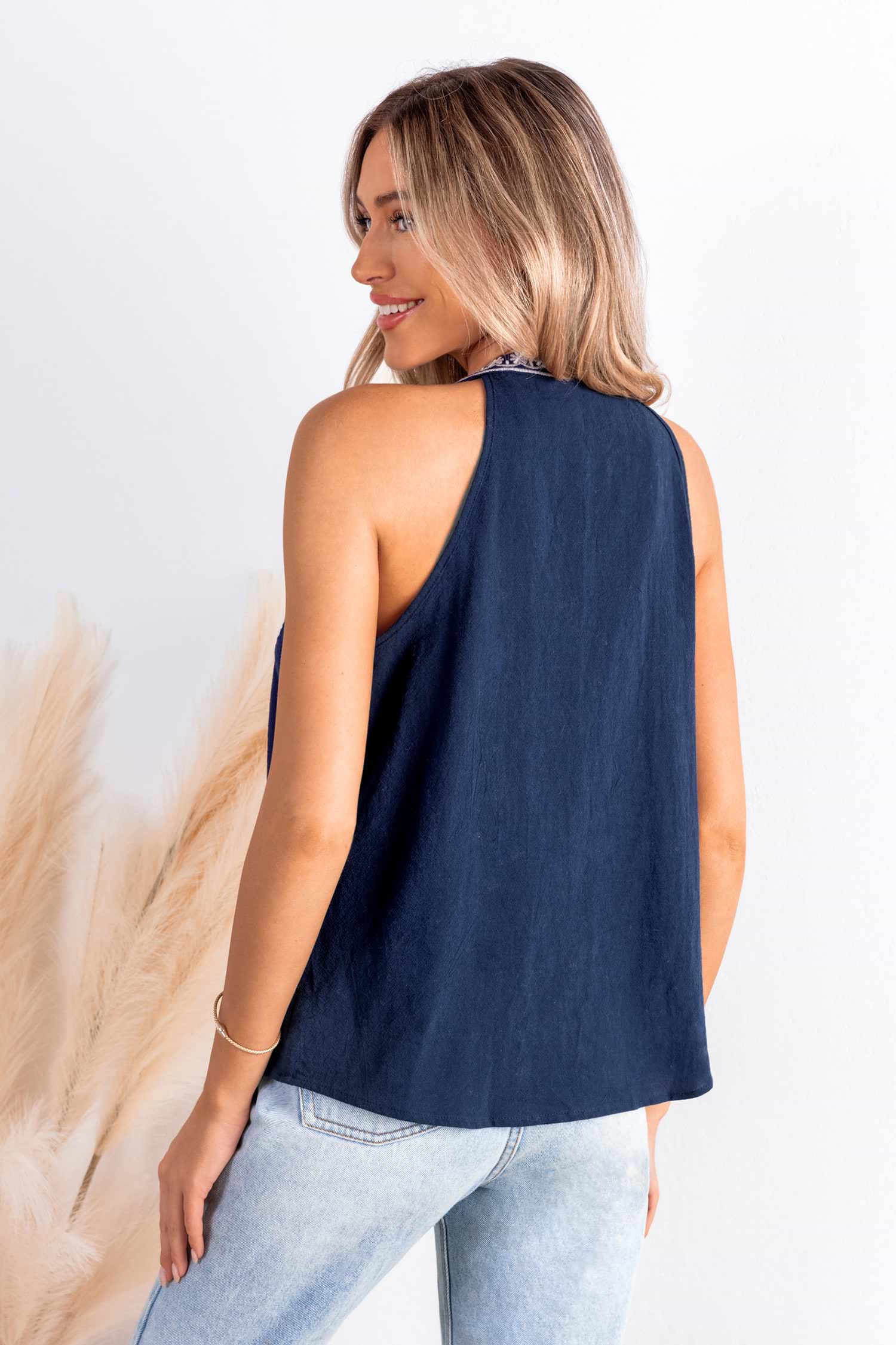 Embroidered Navy Sleeveless Top