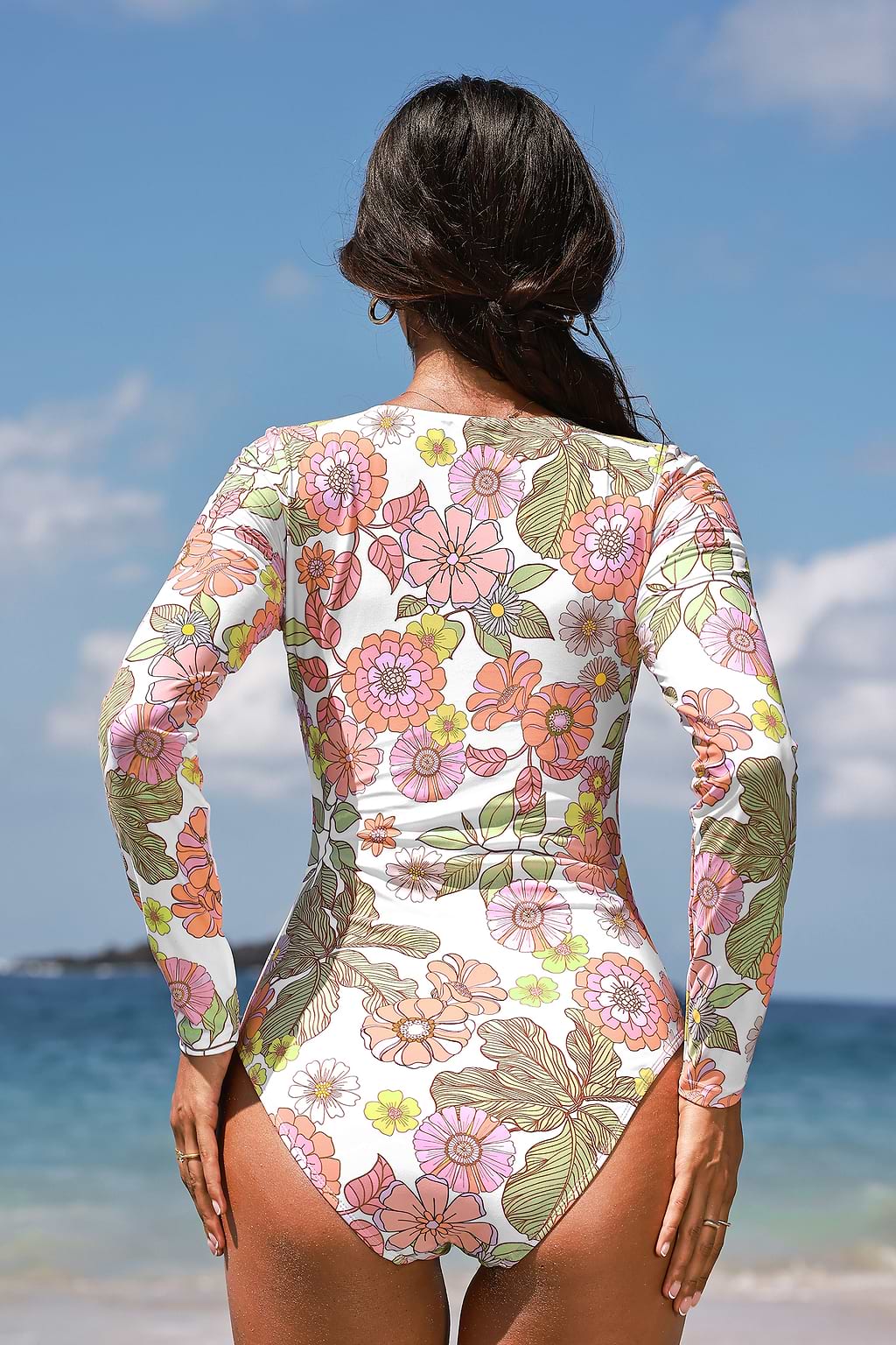 Retro Floral Front Zipper Pocket Rashguard