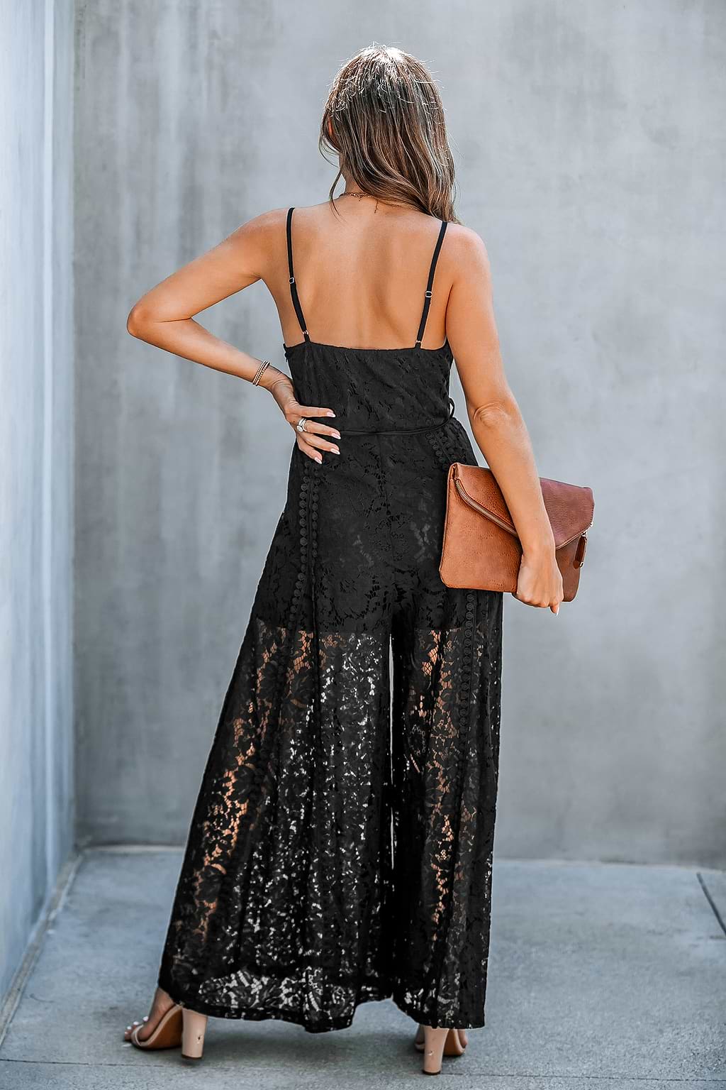 Black Lace Sleeveless Sheer Wide Leg Jumpsuit