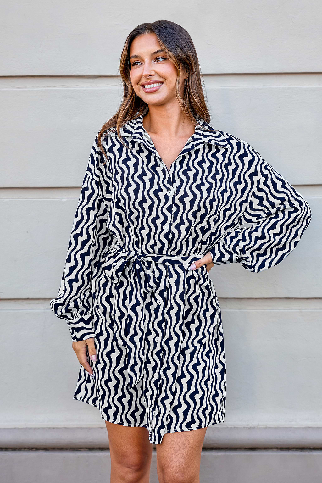 Abstract Collared Blouson Sleeve Mini Dress