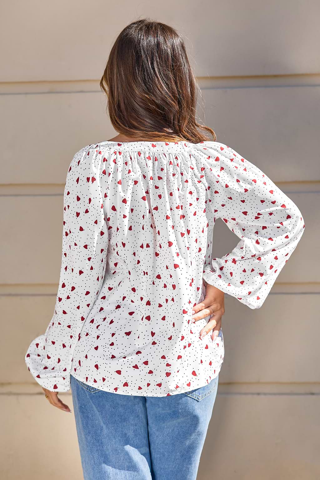 Heart-Print Split Neck Long Puff Sleeve Blouse