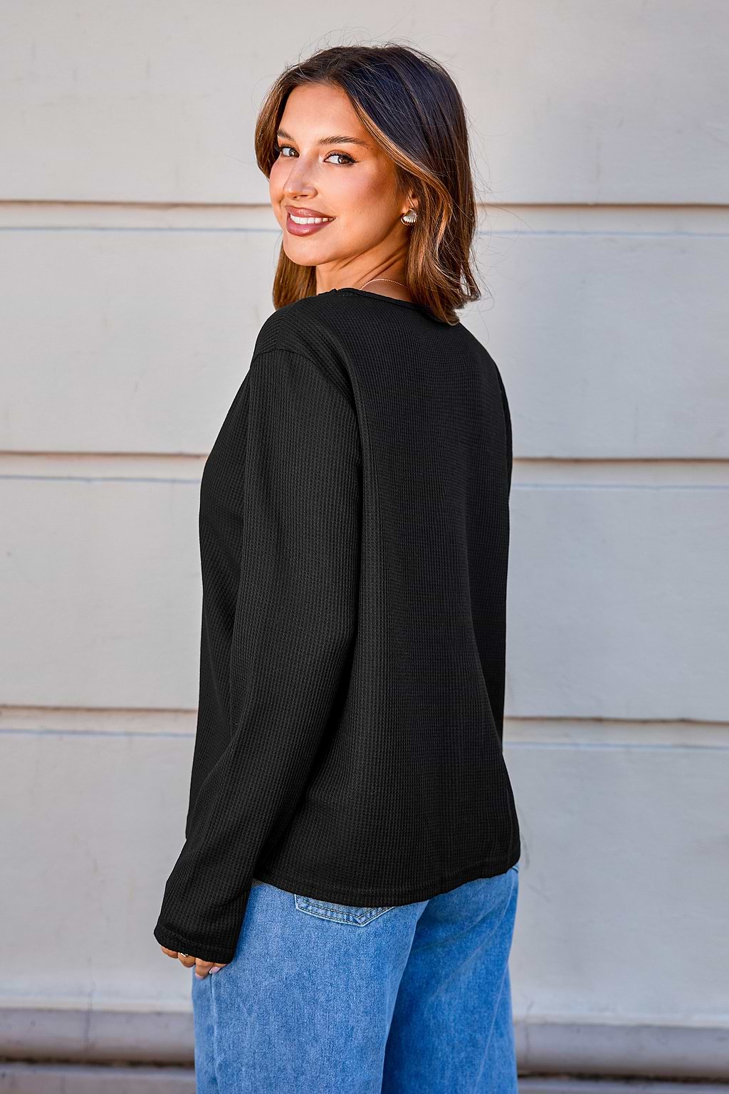 Black Lace V-Neck Long Sleeve Blouse