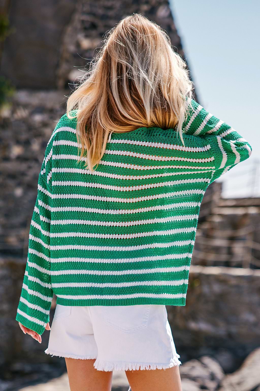 Green & White Stripe Boat Neck Long Sleeve Crochet Sweater