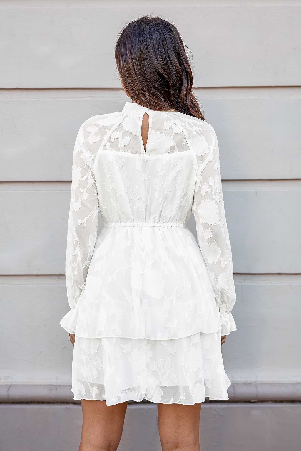 White Tonal Floral High Neck Blouson Sleeve Mini Dress