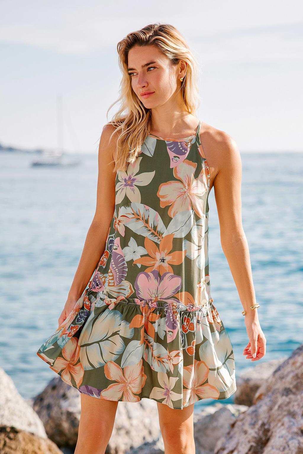 Floral Sleeveless Drop Waist Flounce Hem Mini Dress