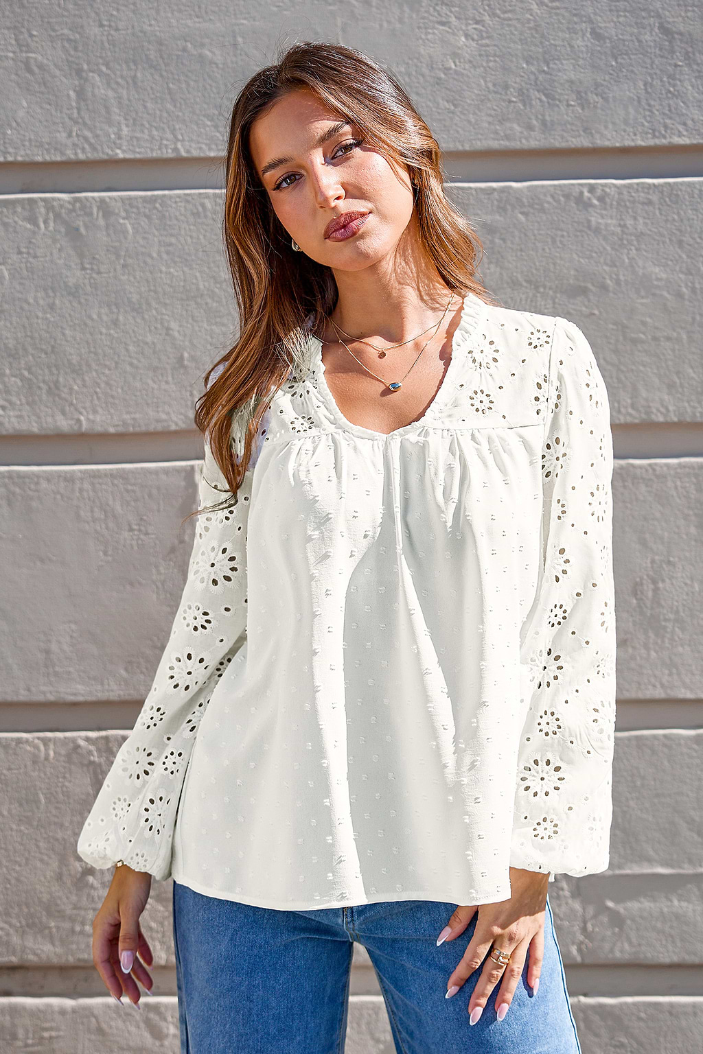 White Eyelet Ruffled Standing Collar Blouson Sleeve Top