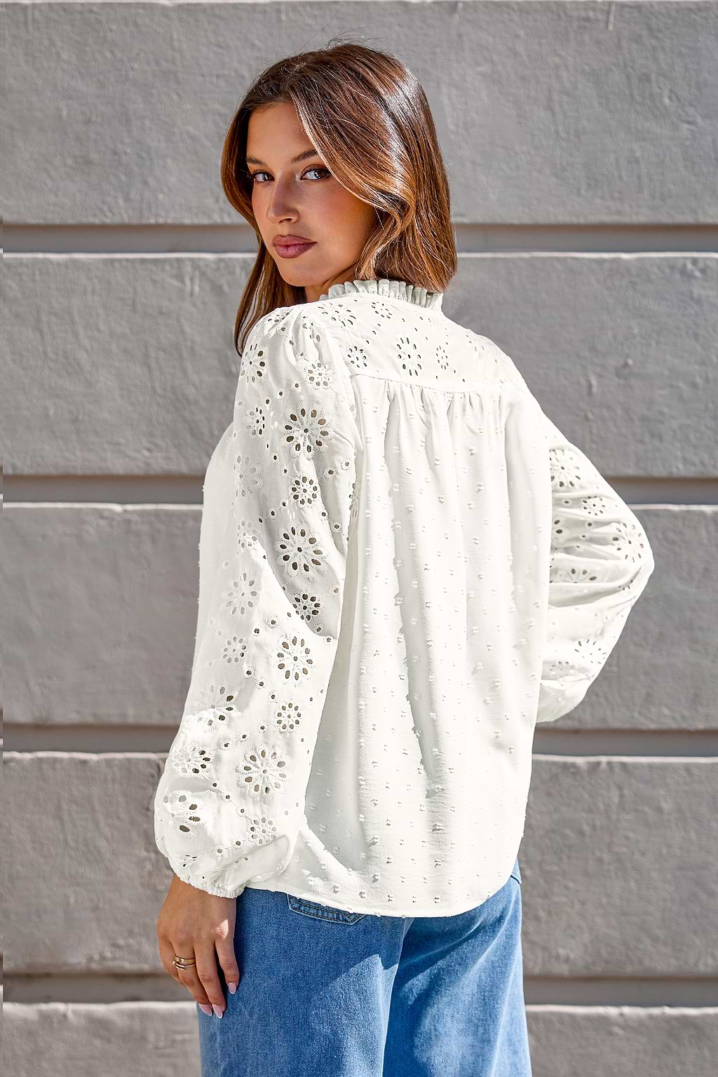 White Eyelet Ruffled Standing Collar Blouson Sleeve Top