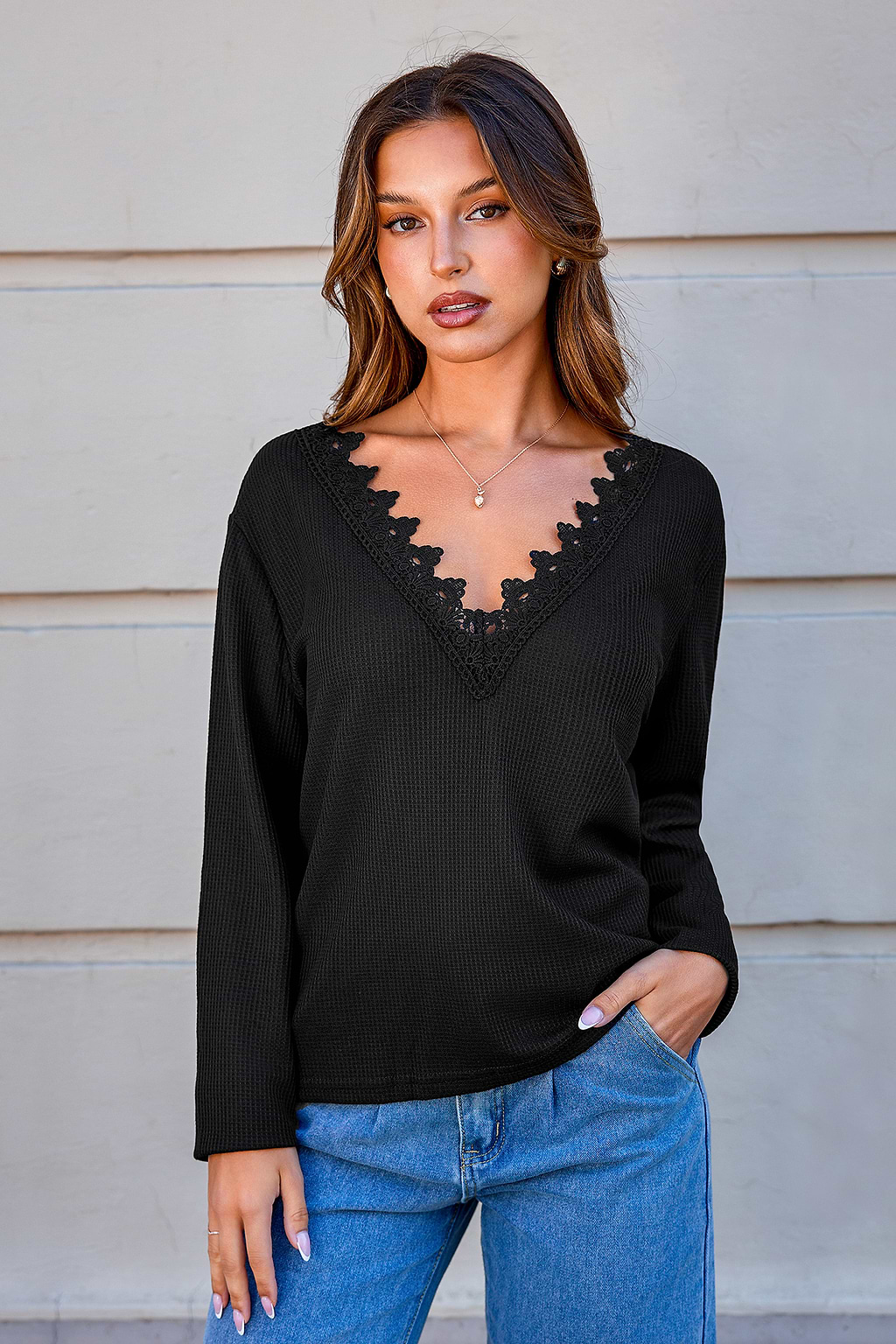Black Lace V-Neck Long Sleeve Blouse