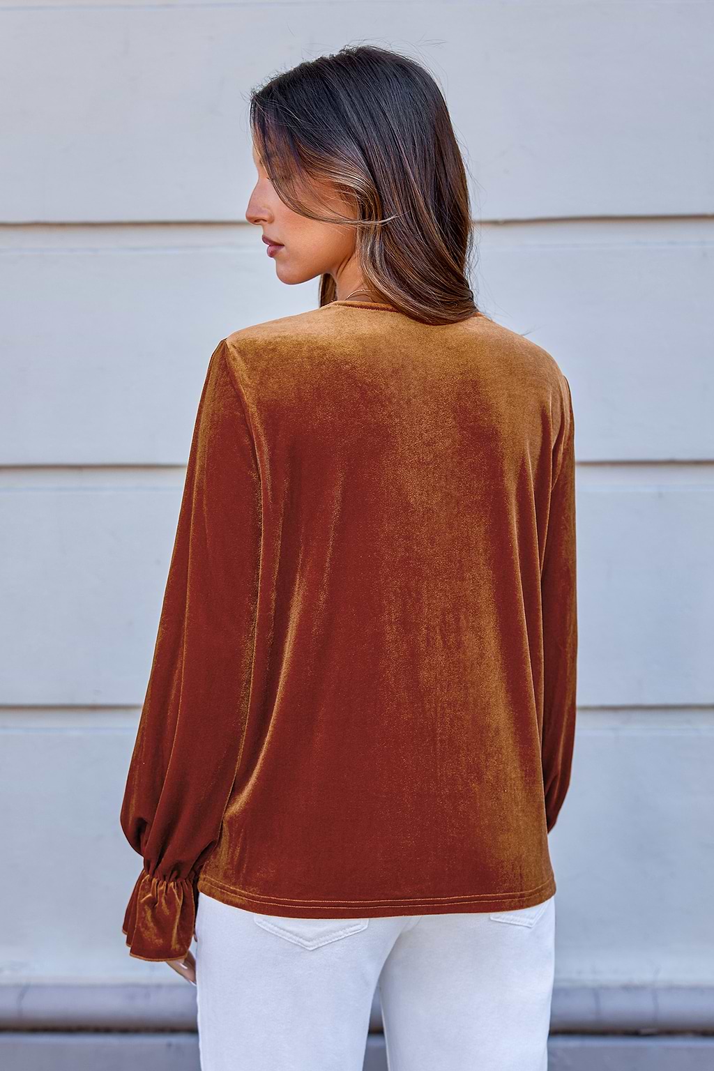 Burnt Orange V-Neck Poet Sleeve Blouse