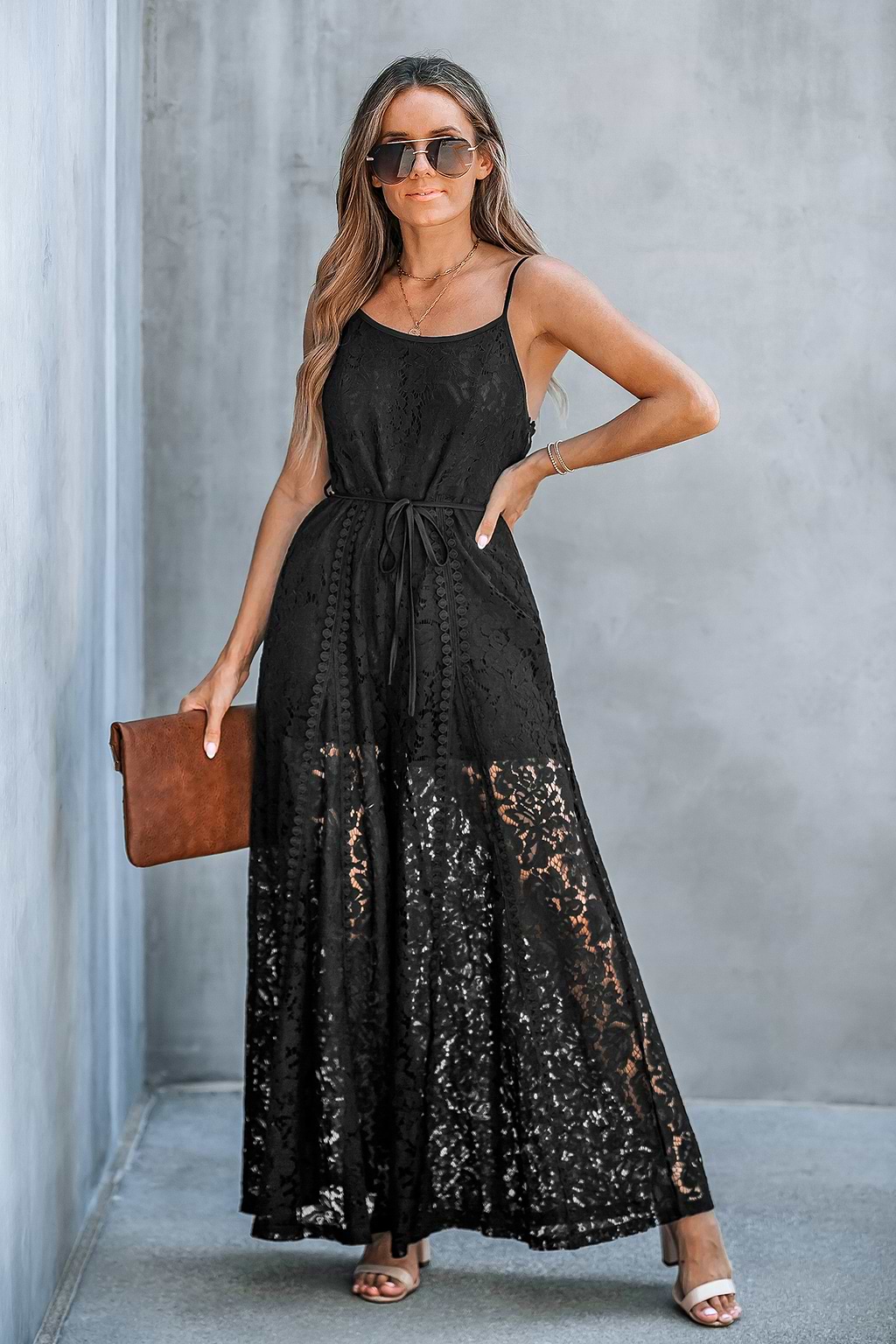 Black Lace Sleeveless Sheer Wide Leg Jumpsuit