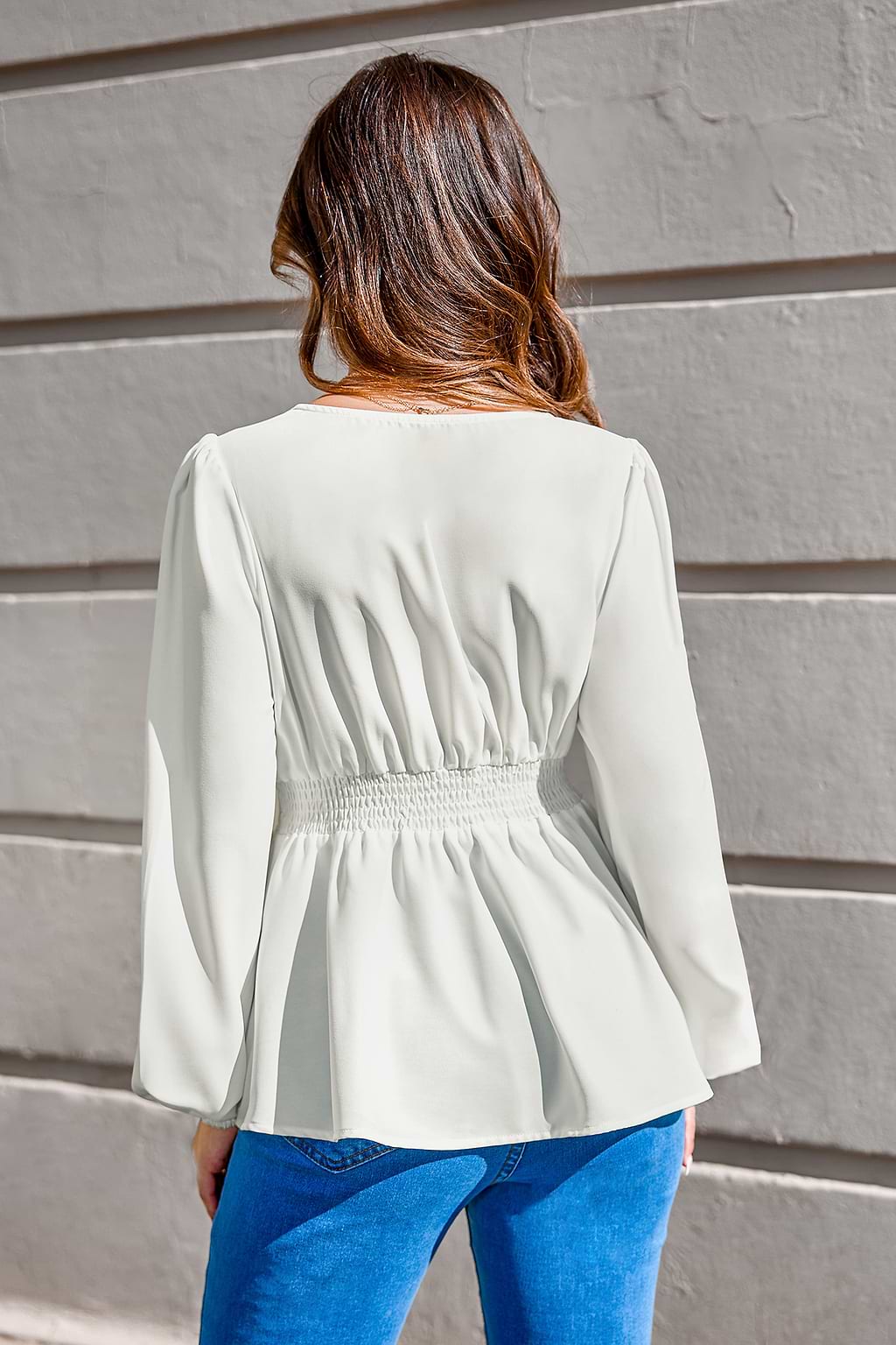 White Scalloped Lace V-Neck Blouson Sleeve Top