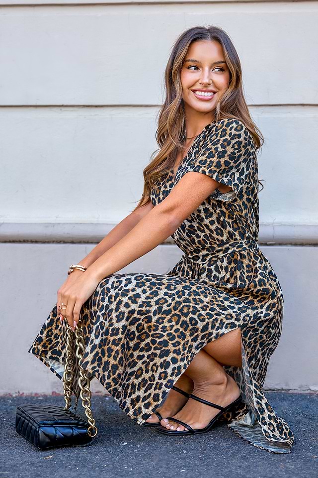 Leopard Short Sleeve Button Up Midi Dress