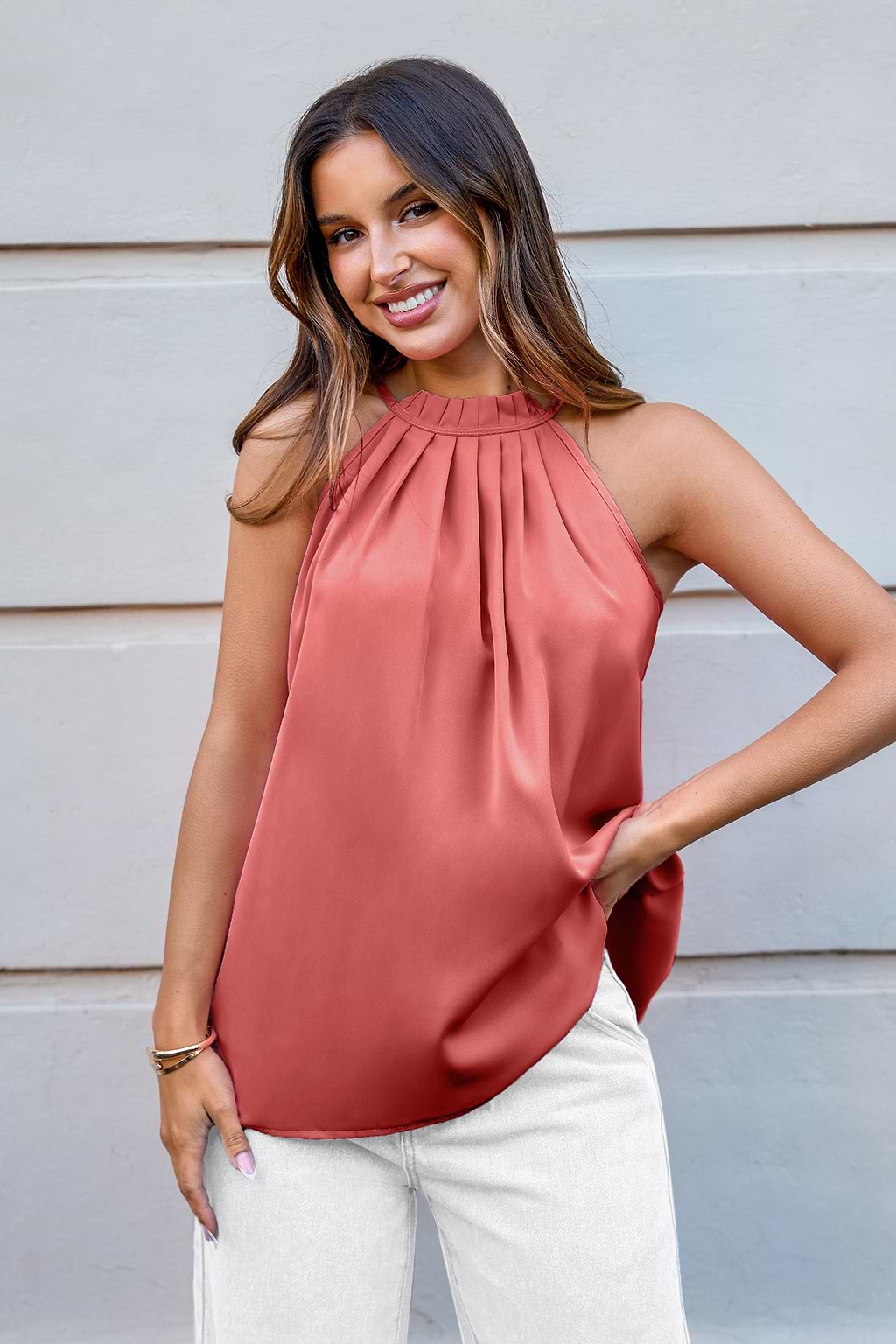 Red High Neck Pleated Cami