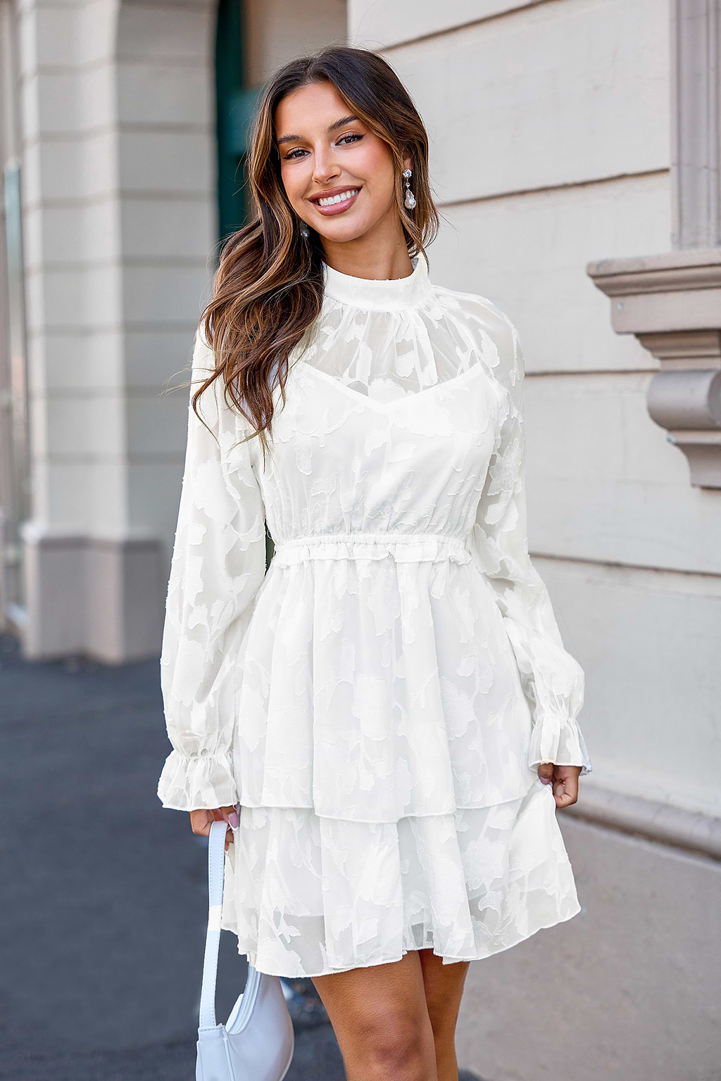 White Tonal Floral High Neck Blouson Sleeve Mini Dress