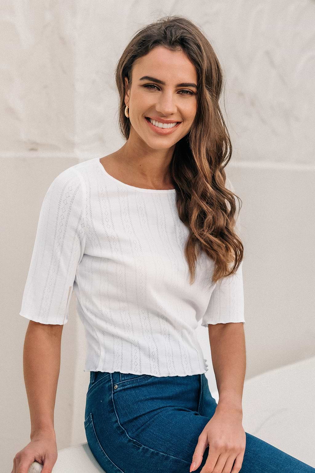 Beige Round Neck Half Sleeve Top